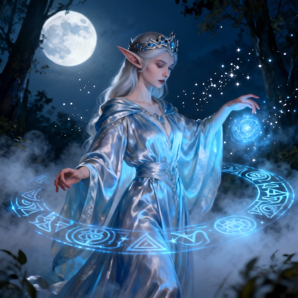 AI high elf sorceress casting a moon spell