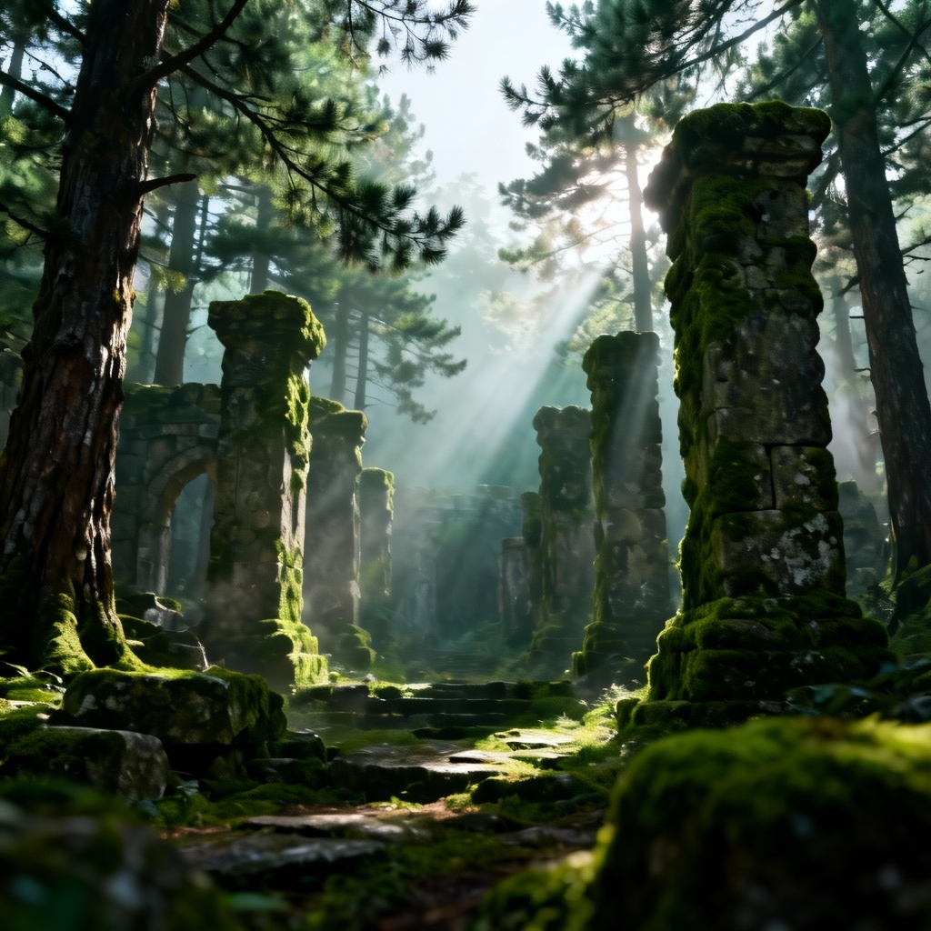 AI misty forest ruins environment