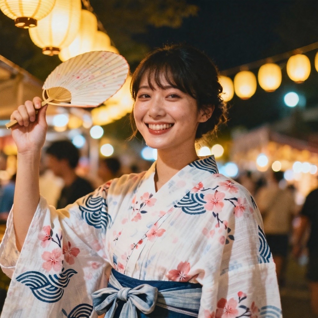 Casual summer yukata at a night festival with lanterns