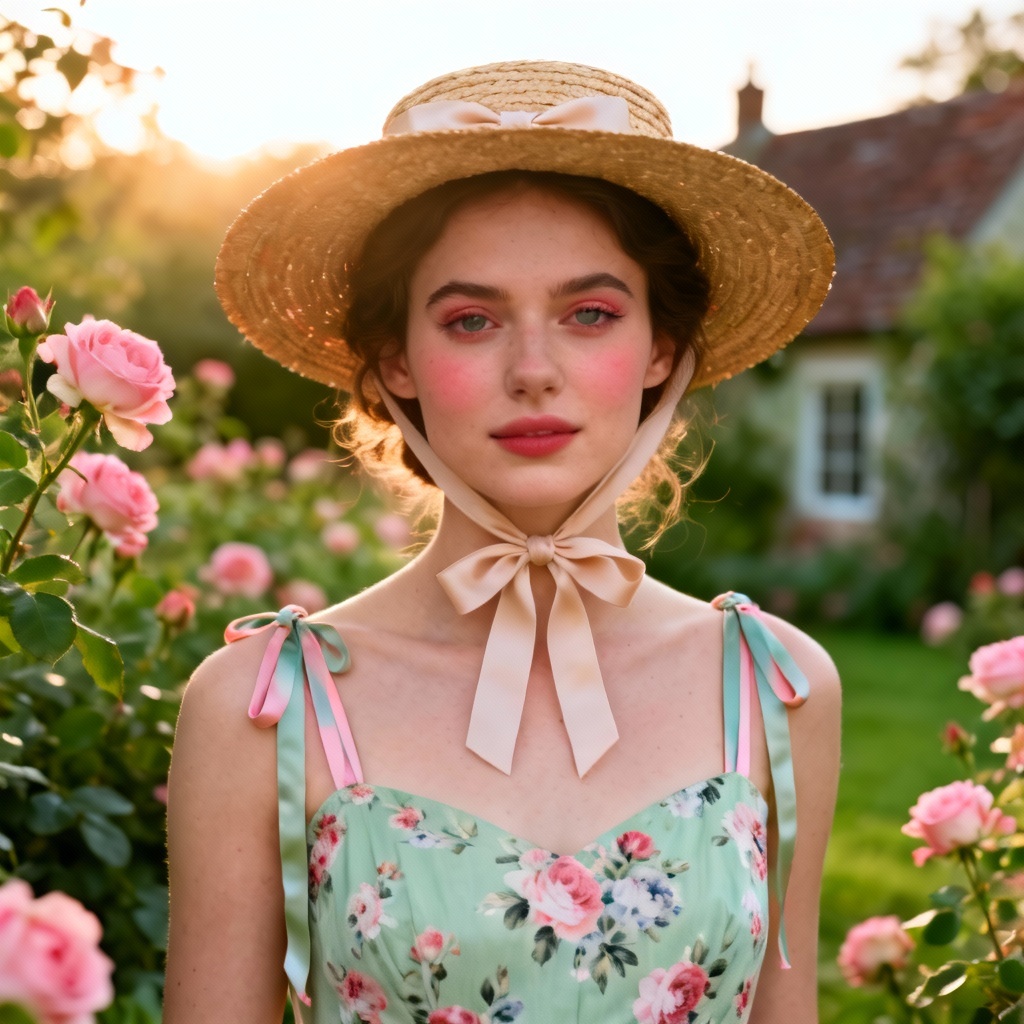 AI cottage garden coquette portrait with floral sundress
