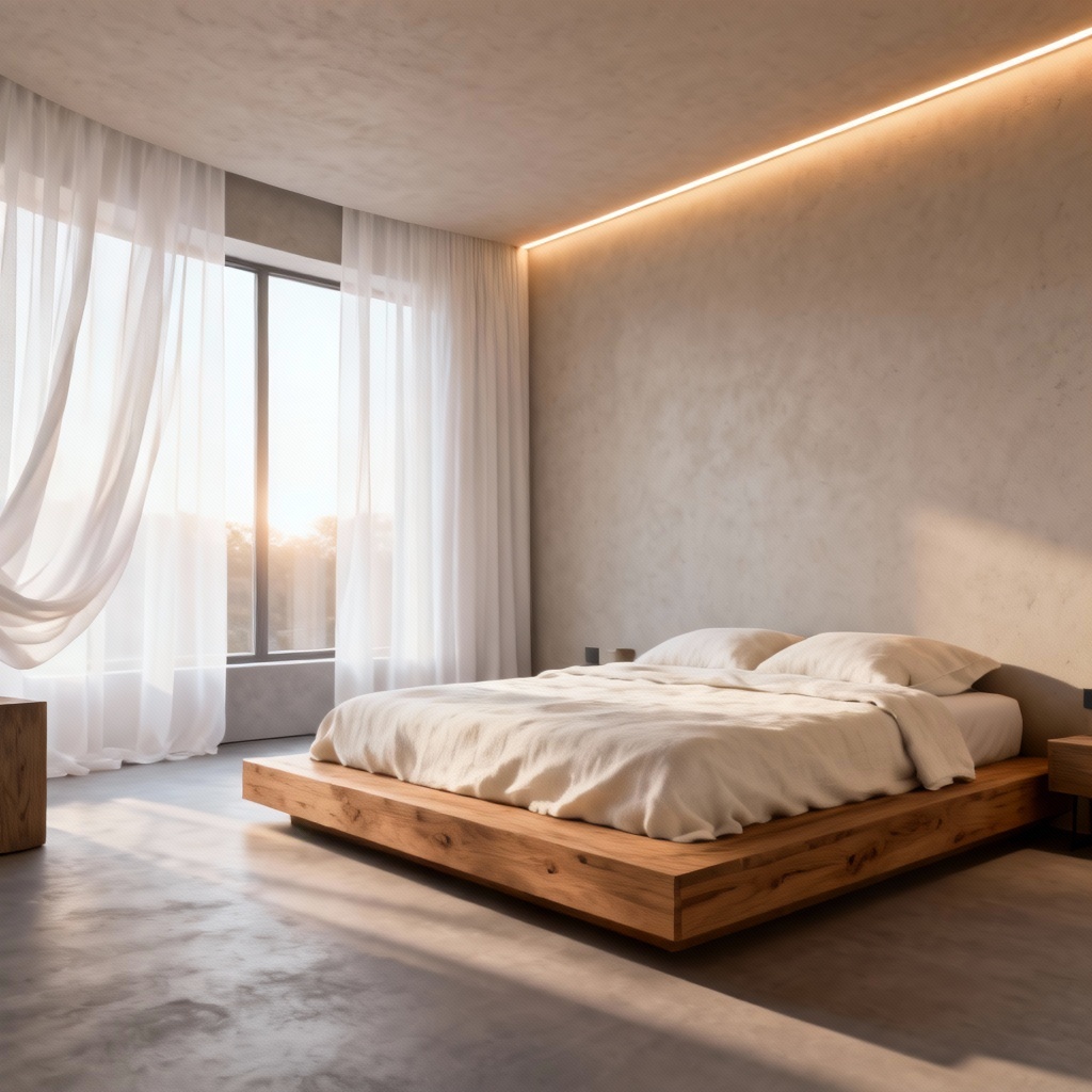 AI generated modern minimalist bedroom design with warm lighting