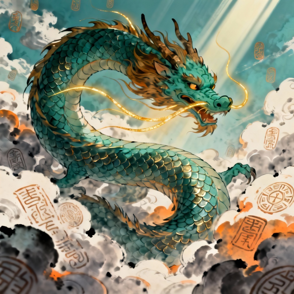 Anime azure dragon spirit soaring through clouds