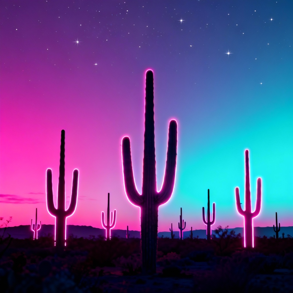 Saguaro cactus silhouettes with neon twilight gradient