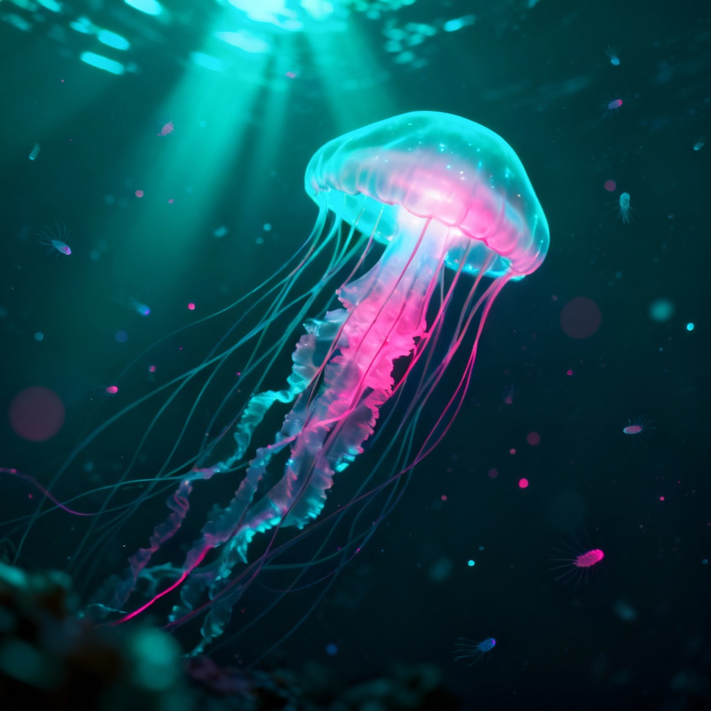 AI glowing jellyfish drifting in deep ocean with neon bioluminescence