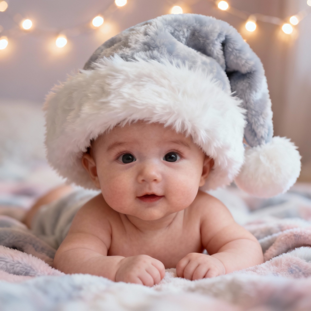 Baby photo with oversized plush Santa cap