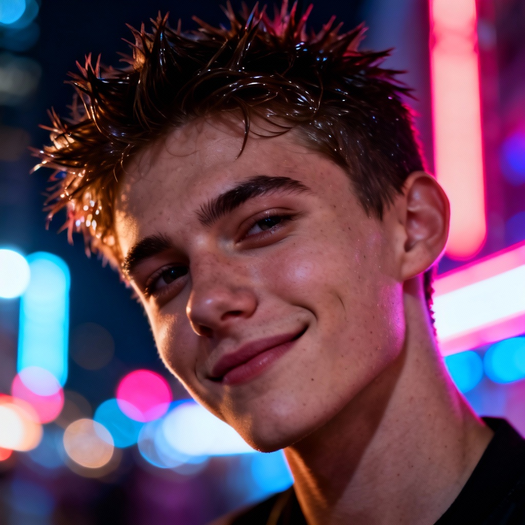 AI portrait with neon-lit short spiky hairstyle