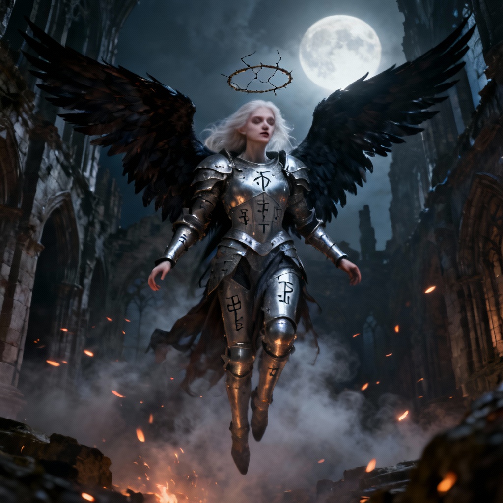Cinematic fallen angel with black wings in moonlit gothic ruins