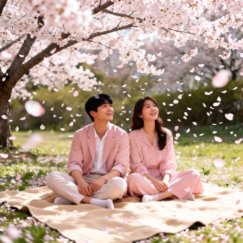 AI Korean couple picnic under cherry blossoms
