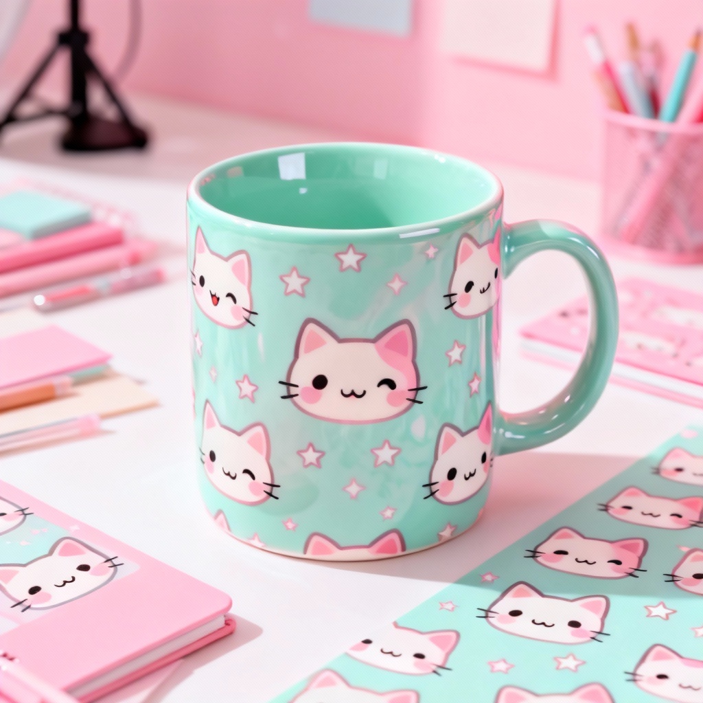 AI kawaii cat pattern wrap on pastel mug
