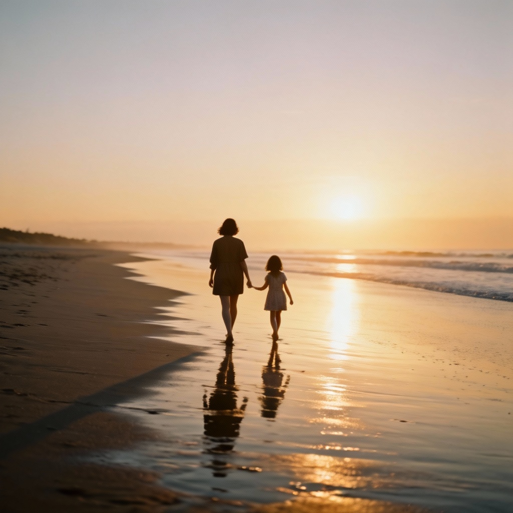 AI mother daughter beach walk photo
