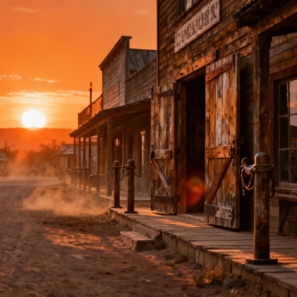 AI Old West main street at sunset with saloon
