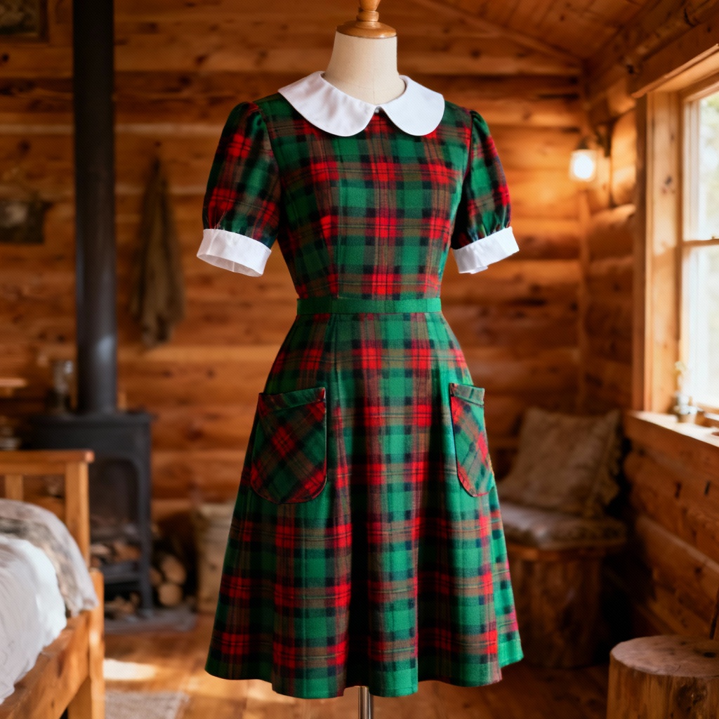 AI green and red tartan Christmas day dress fit-and-flare