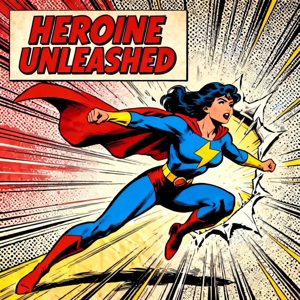 AI retro comic book cover featuring a superheroine