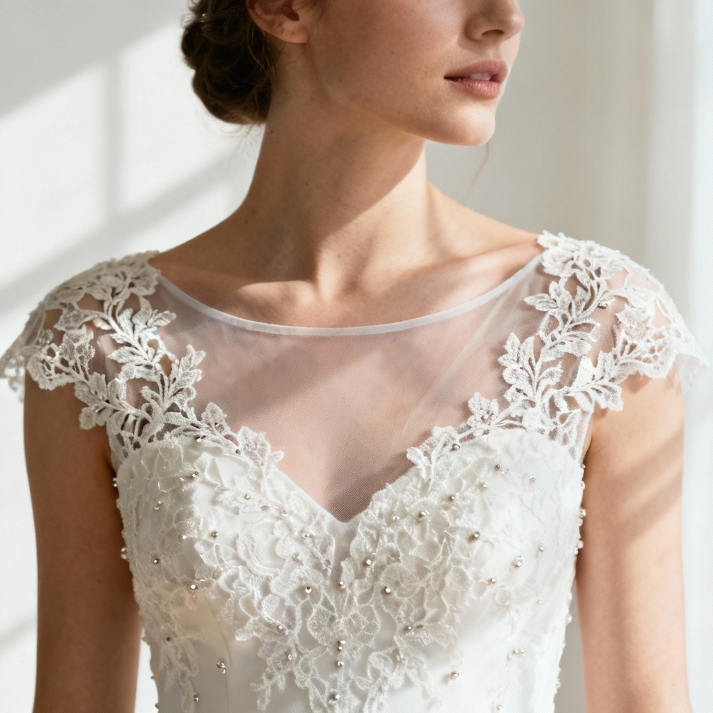 AI illusion neckline lace bodice with alencon motifs