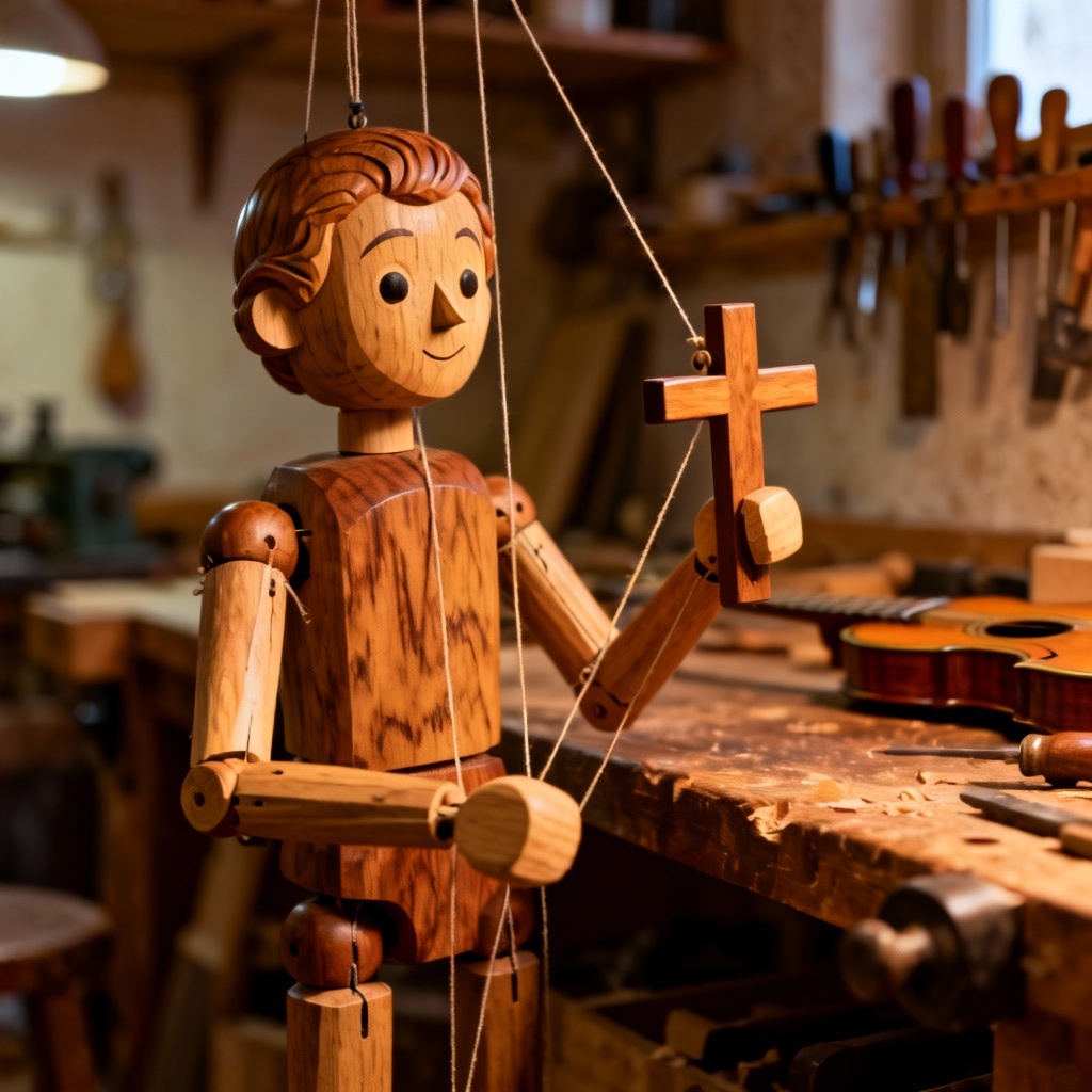 AI marionette puppet in a woodworking studio