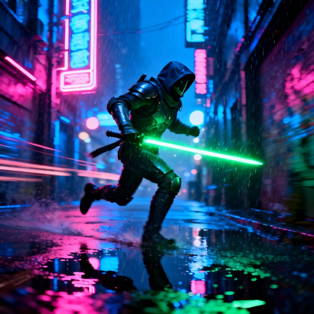 Cyber neon Jedi runner with green energy blade
