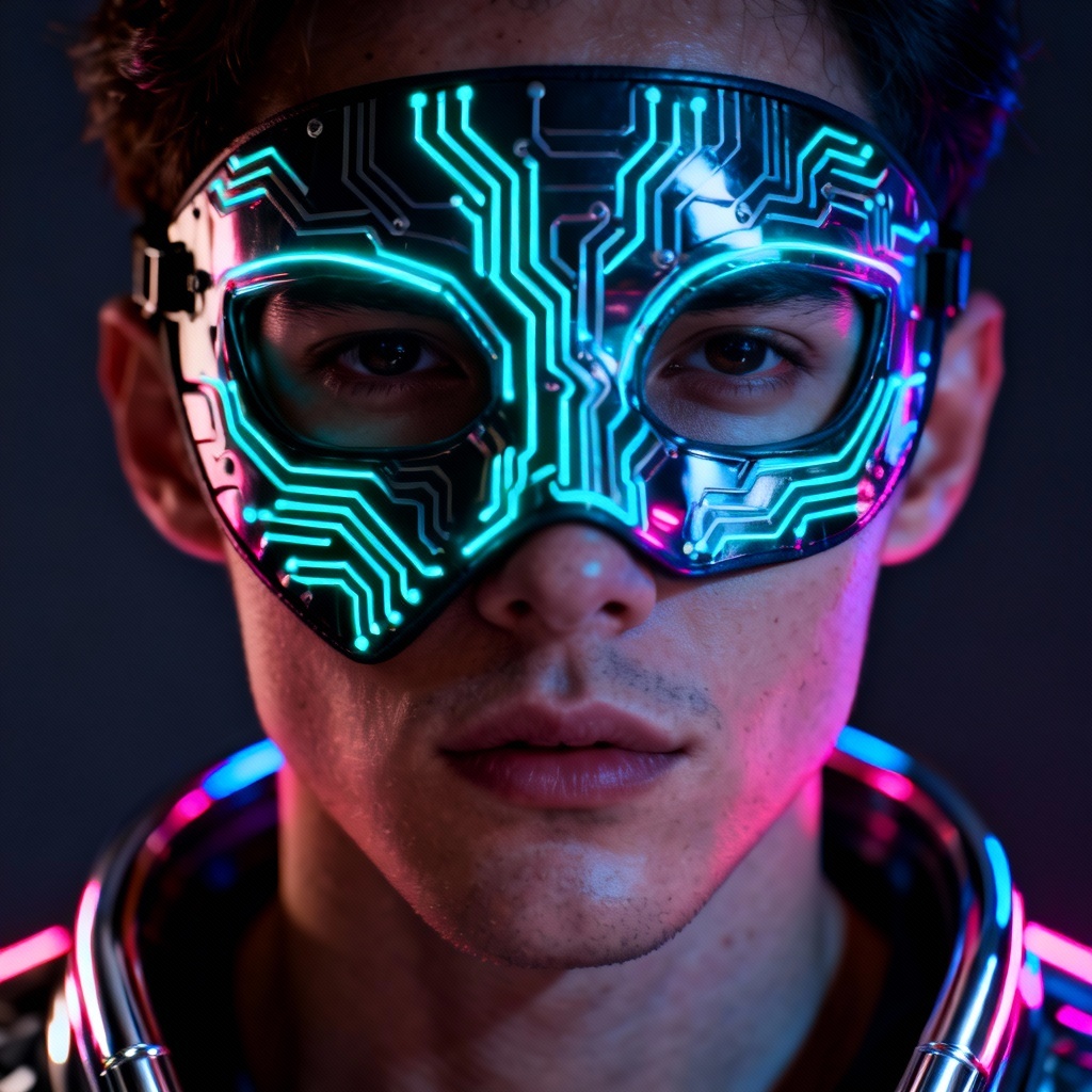 AI cyberpunk half mask on portrait