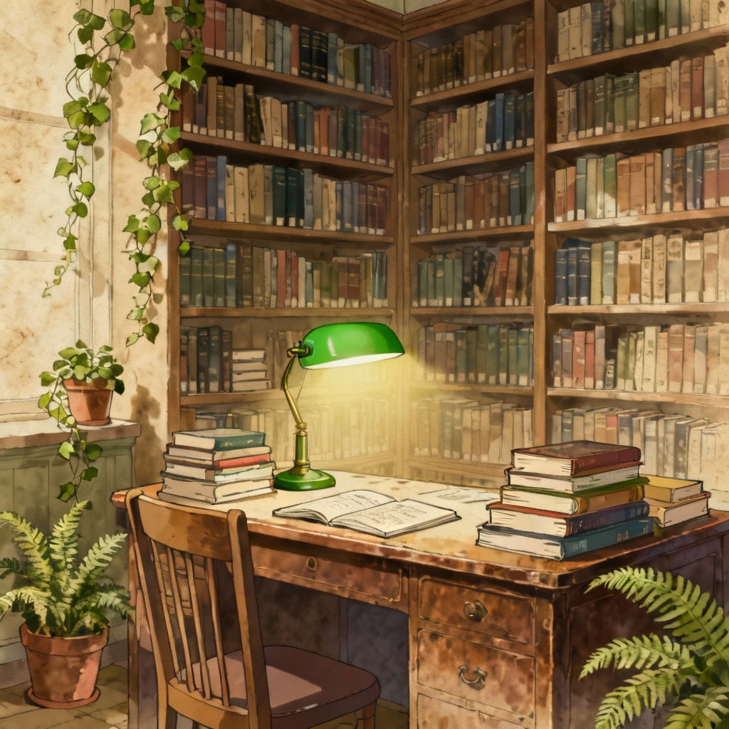AI lofi library corner study background with plants