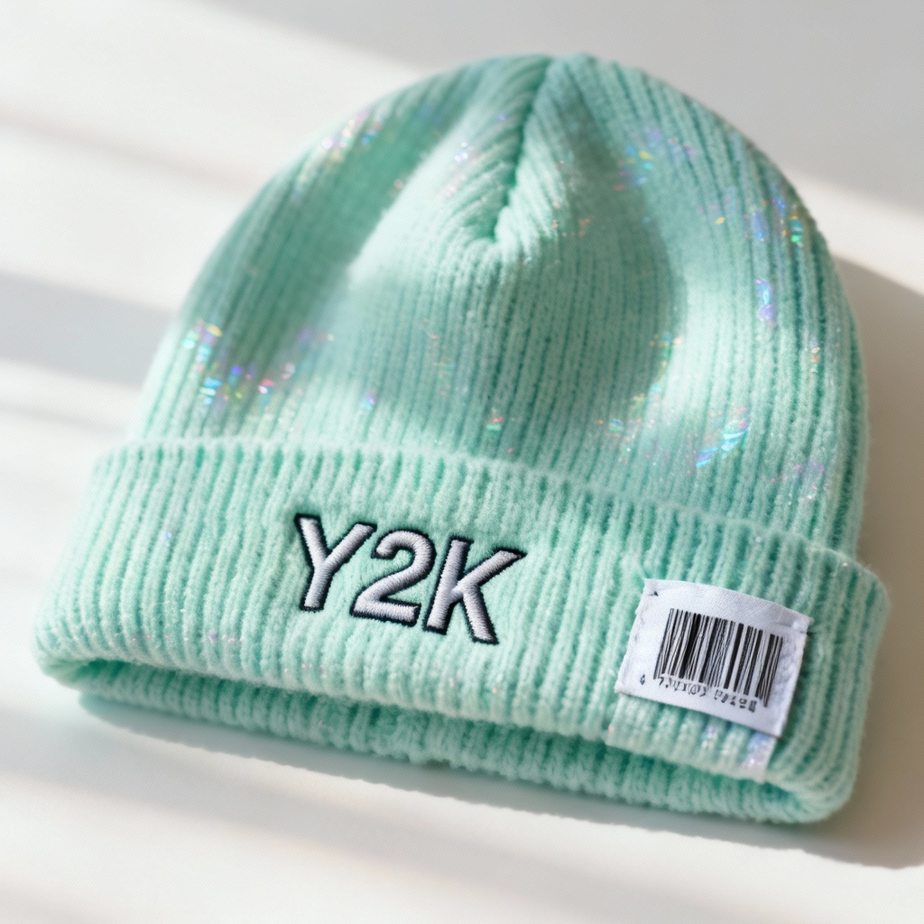 Pastel Y2K beanie with barcode tag