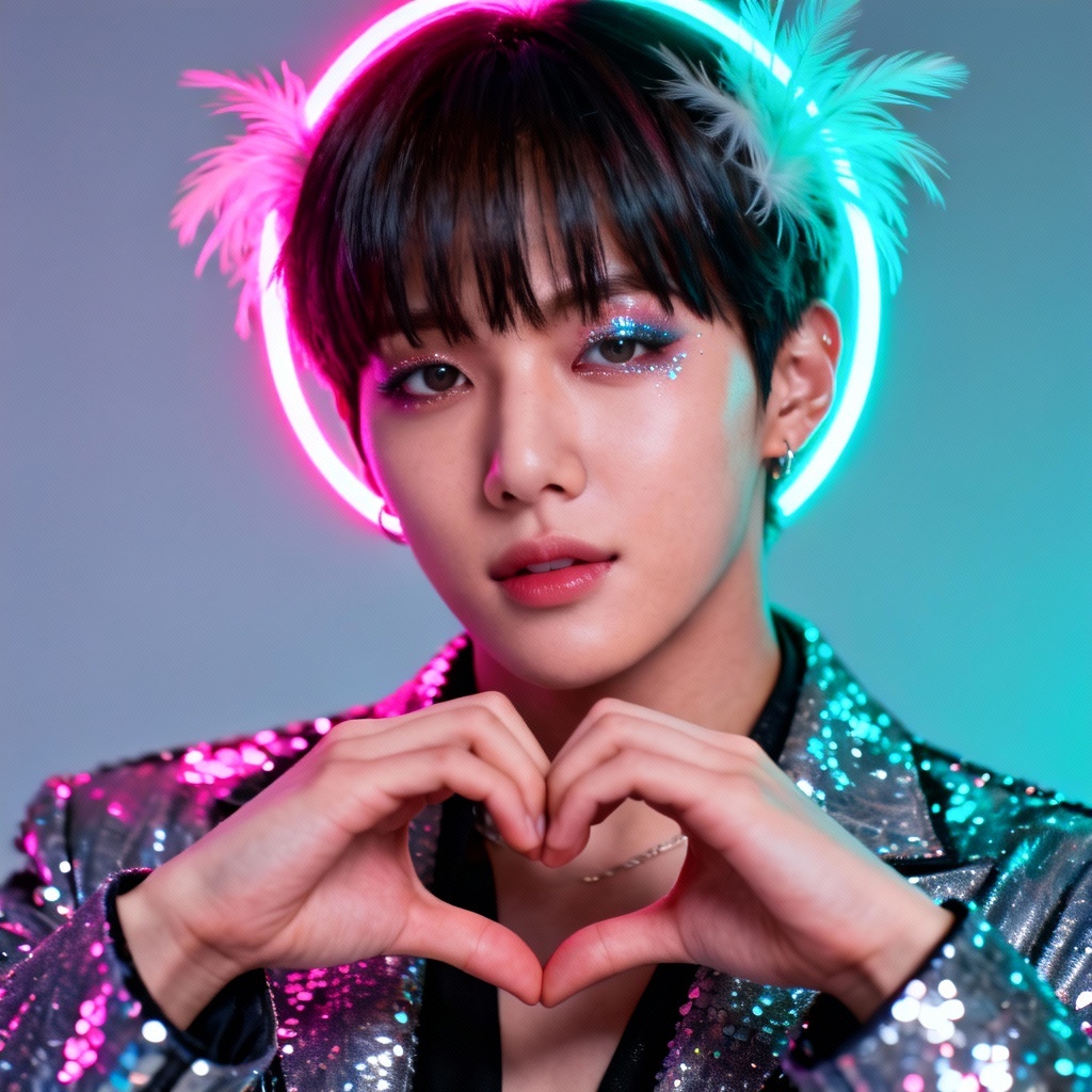 AI Korean idol portrait with neon stage lighting