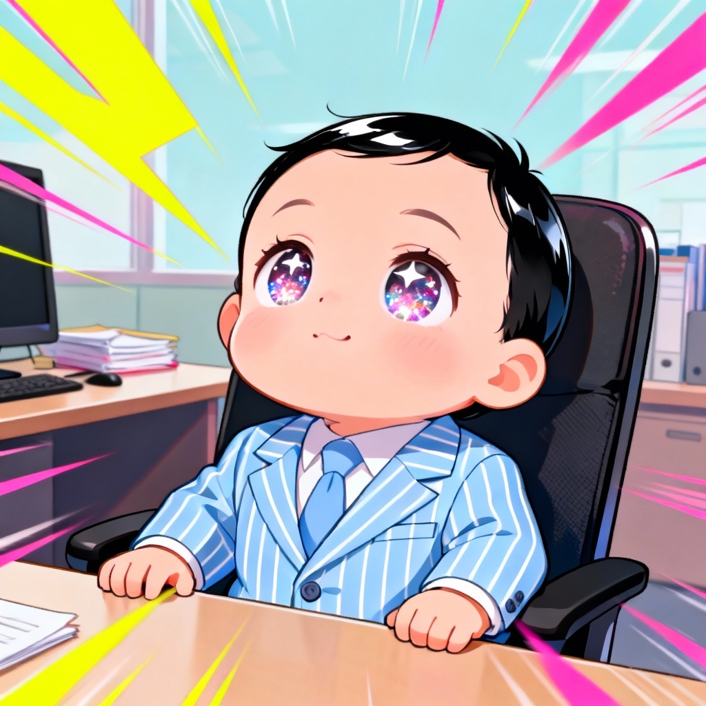 Anime chibi boss baby in suit with oversized eyes and big tie