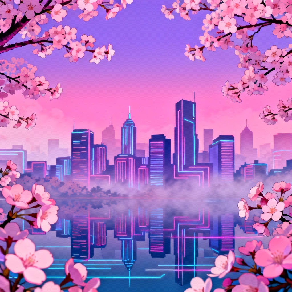 AI vaporwave city with cherry blossom foreground