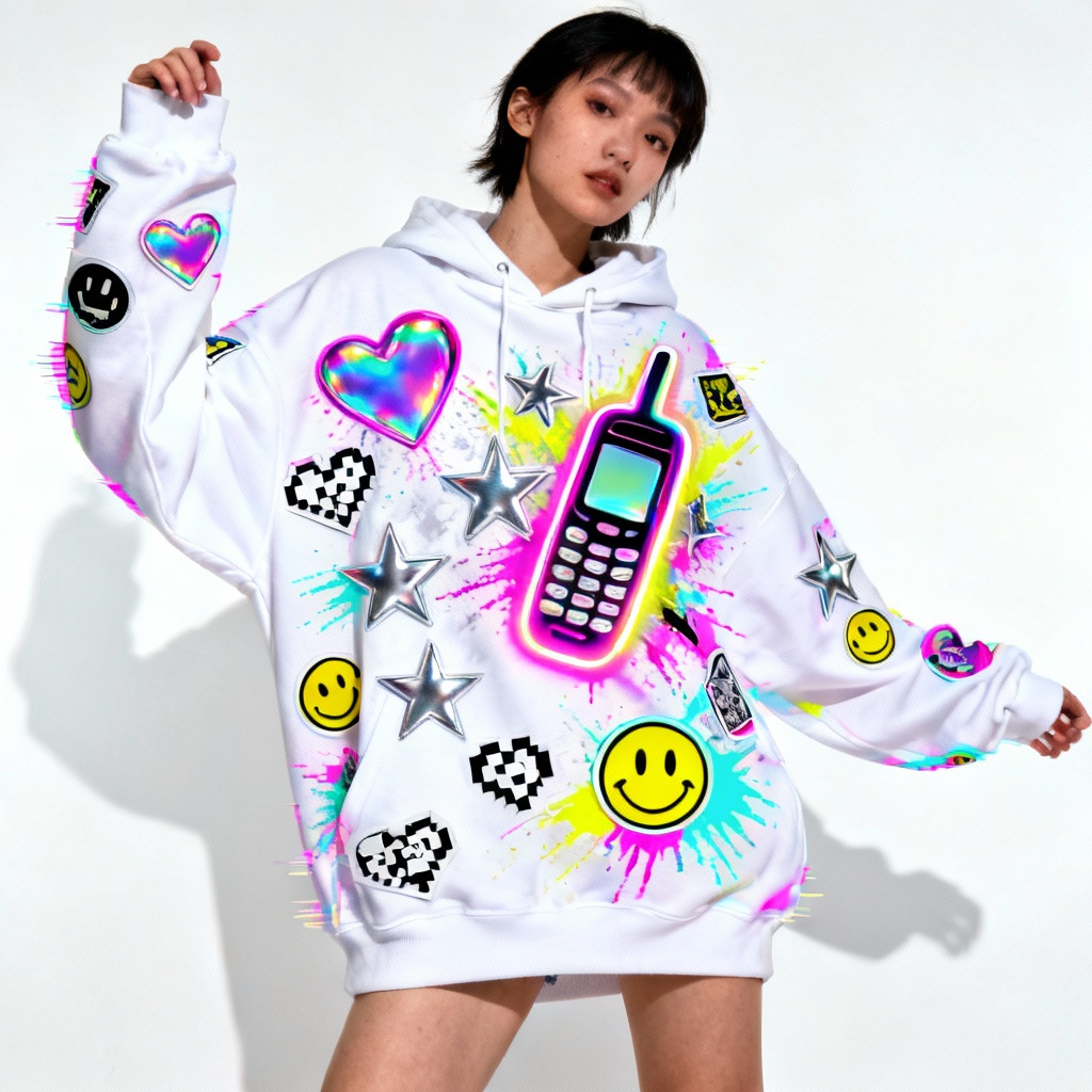 AI Y2K sticker bomb hoodie try on