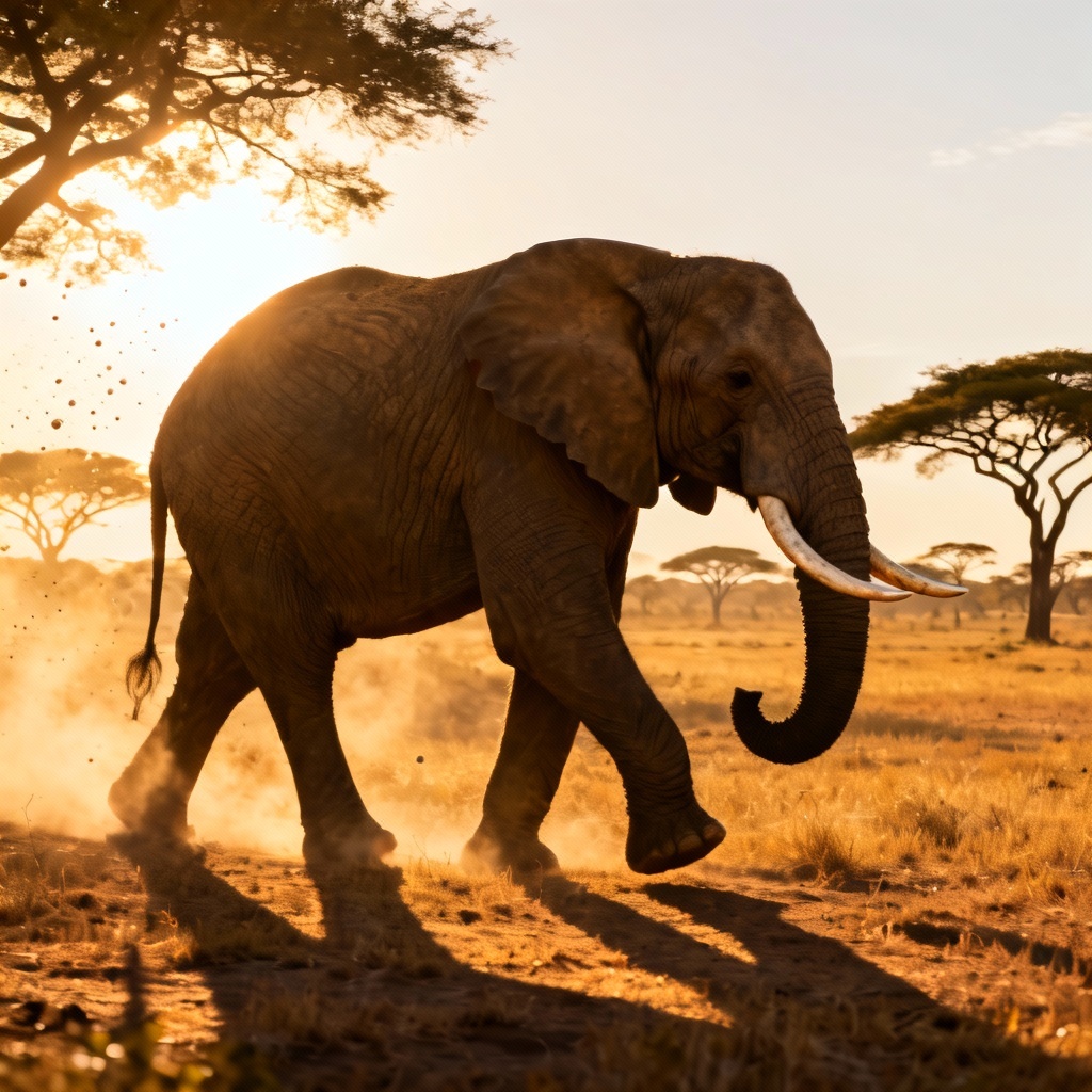 Photorealistic African elephant walking in golden savanna