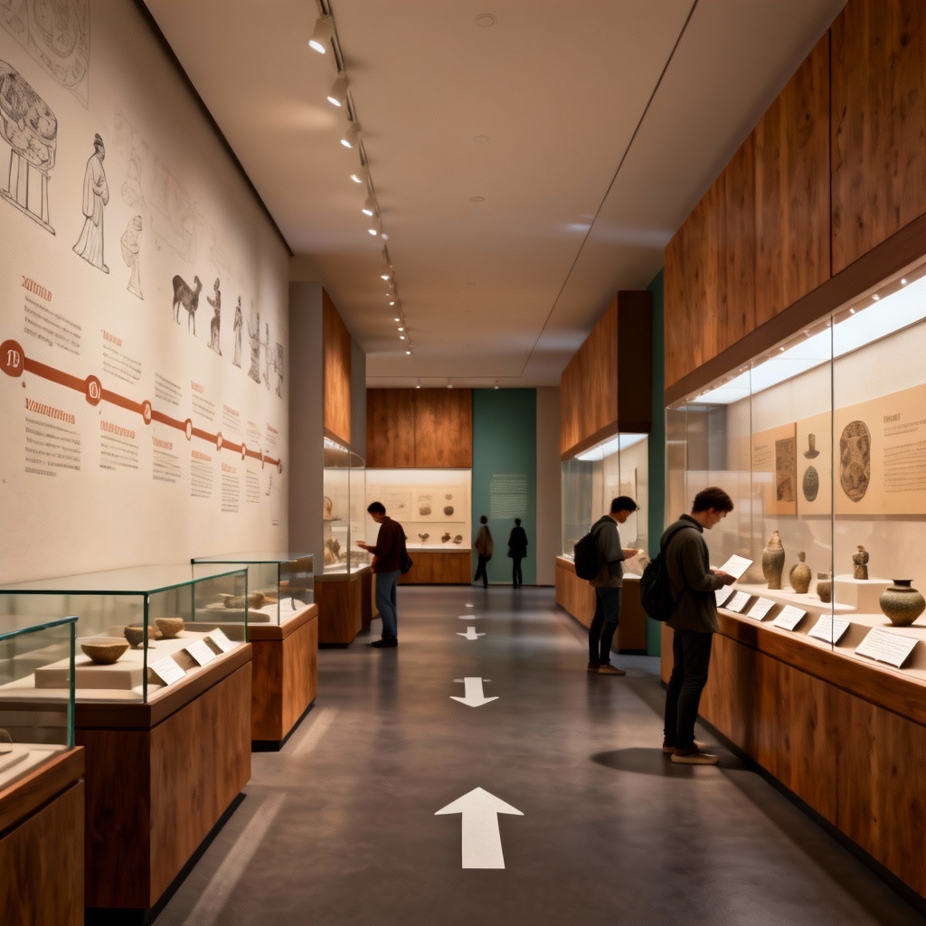 AI museum exhibition with thematic zones and timeline wall