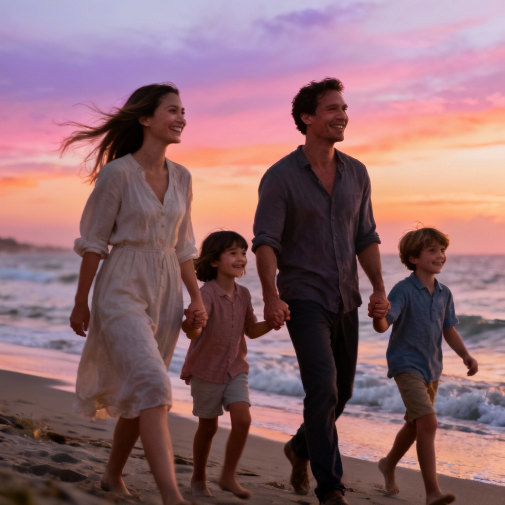 AI family photo at beach during golden sunset