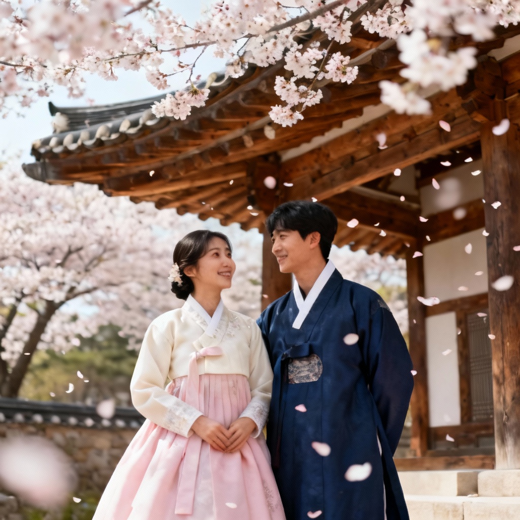 AI Korean wedding couple in hanok with hanbok attire