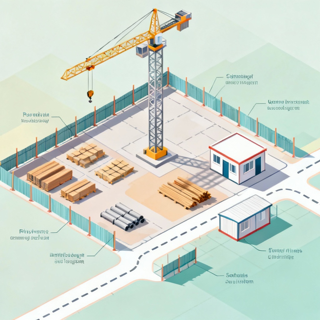 AI isometric construction site layout with crane and staging