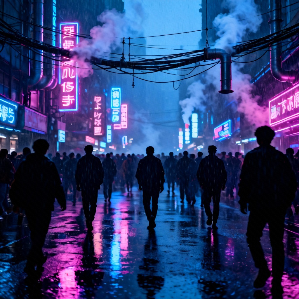 AI cyberpunk district with neon and rainy streets