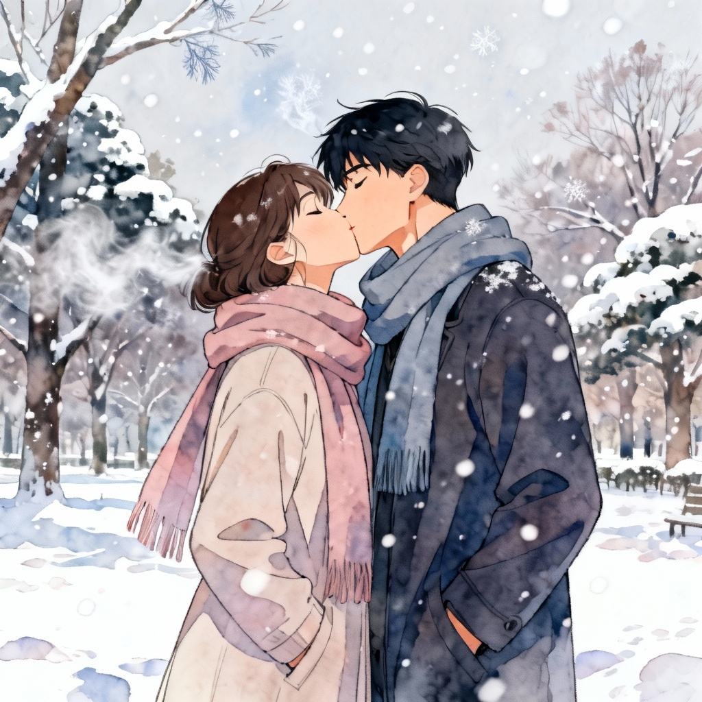 Romantic anime kiss in the first snow at a park