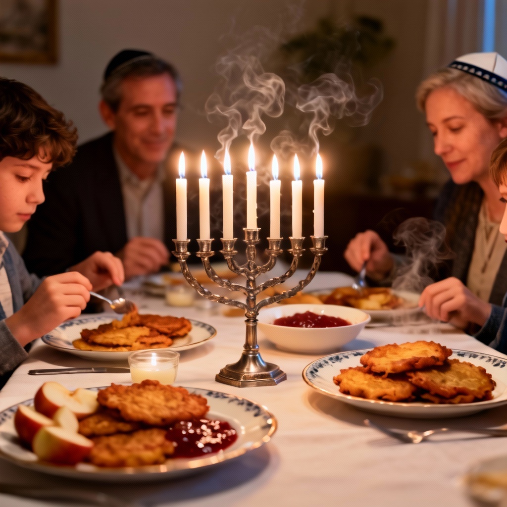 Realistic family table with menorah, latkes, and cozy holiday lighting