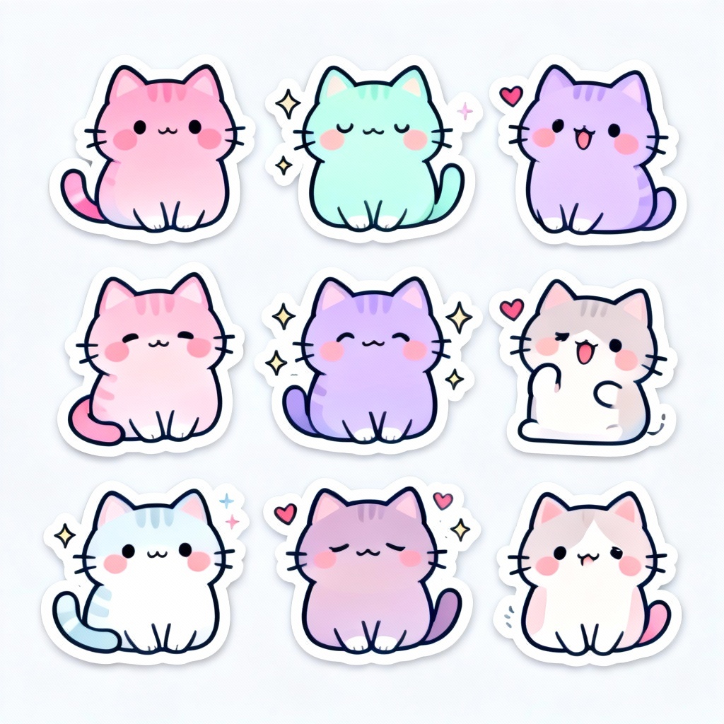 AI pastel cat sticker kawaii set