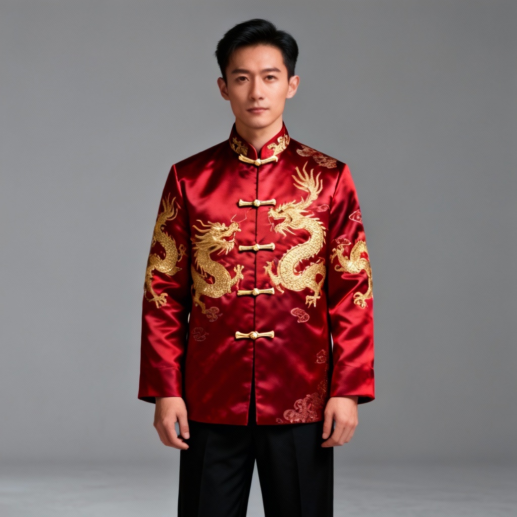 Male model wearing red silk brocade Tang suit with gold dragon embroidery