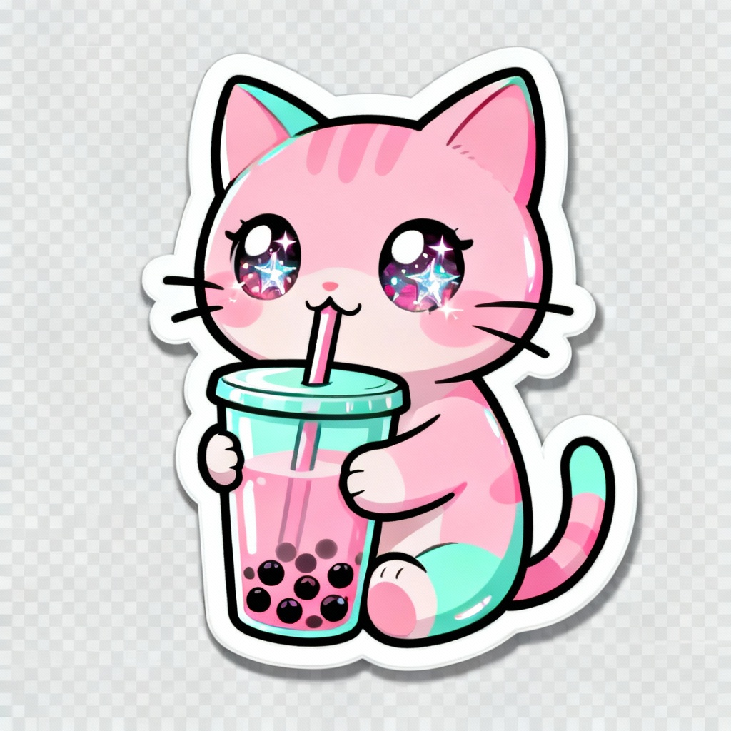 AI Bubble Tea Cat Sticker in kawaii chibi style