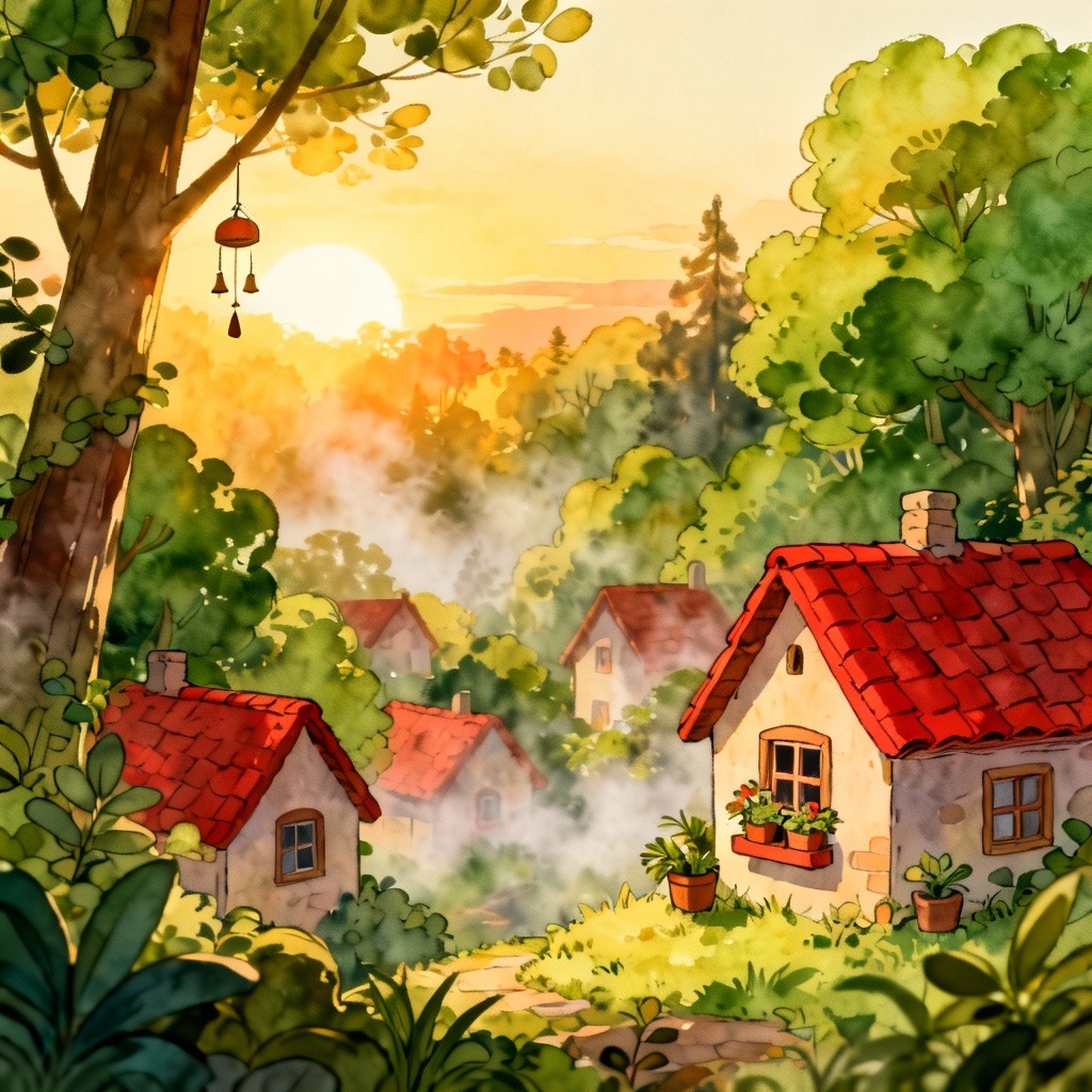 Whimsical hand-painted forest village at sunrise in a cozy animation style