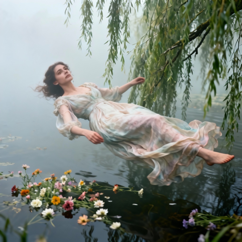 AI Ophelia floating in a willow-lined stream with flowers
