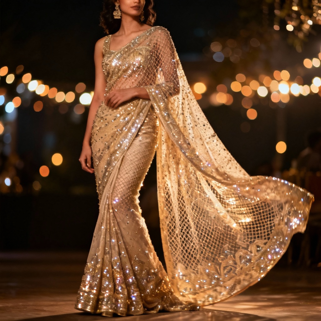 AI sequin net party saree design