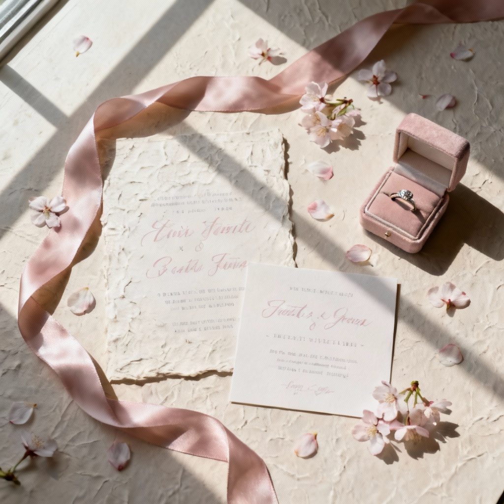 AI sakura wedding stationery flatlay with petals