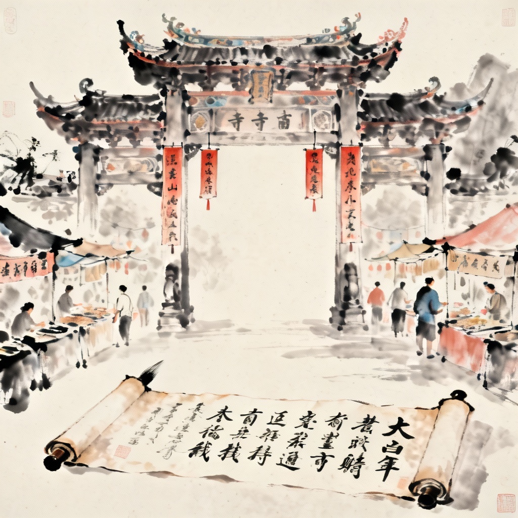 Traditional temple fair banner with calligraphy and couplets