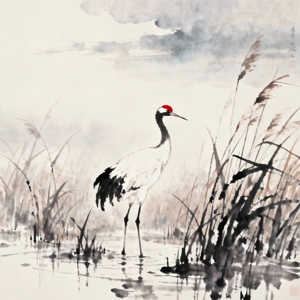 AI traditional ink crane painting in mist