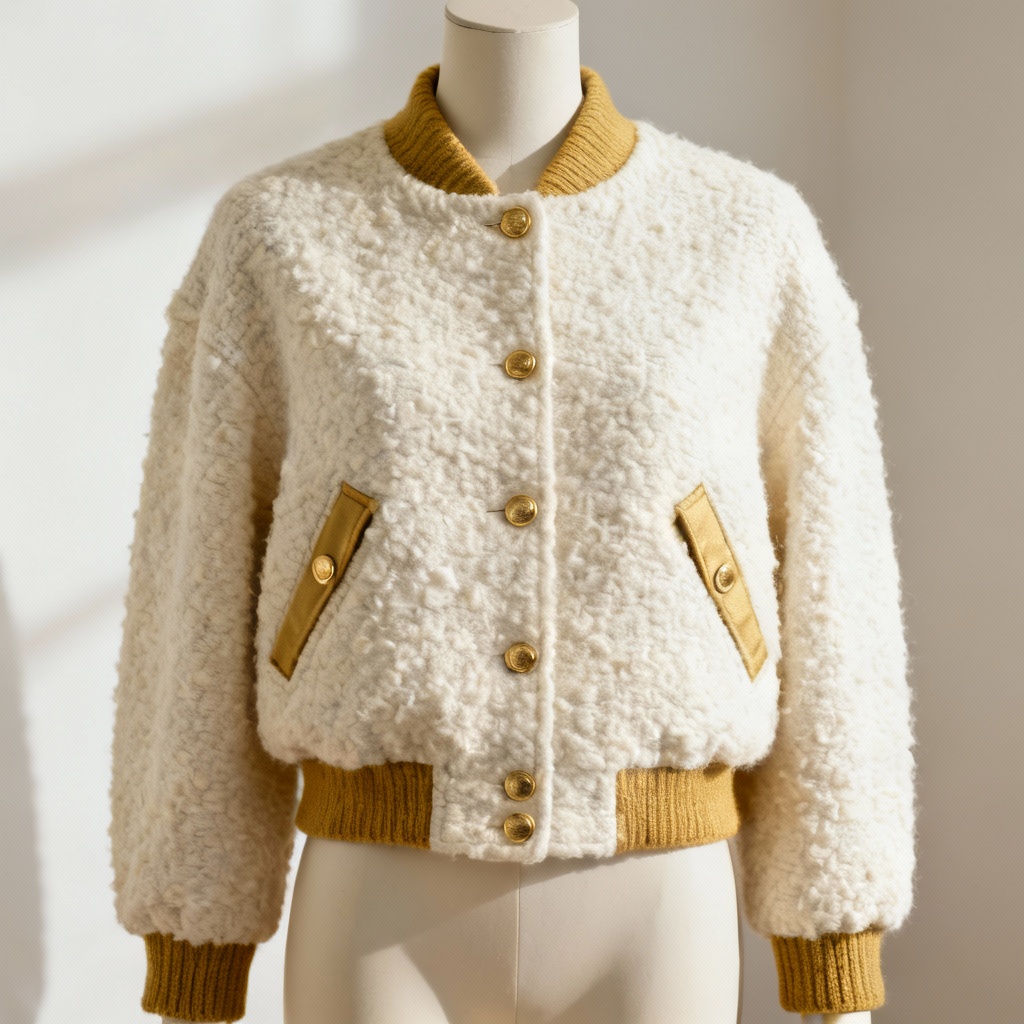 AI cropped boucle knit bomber jacket