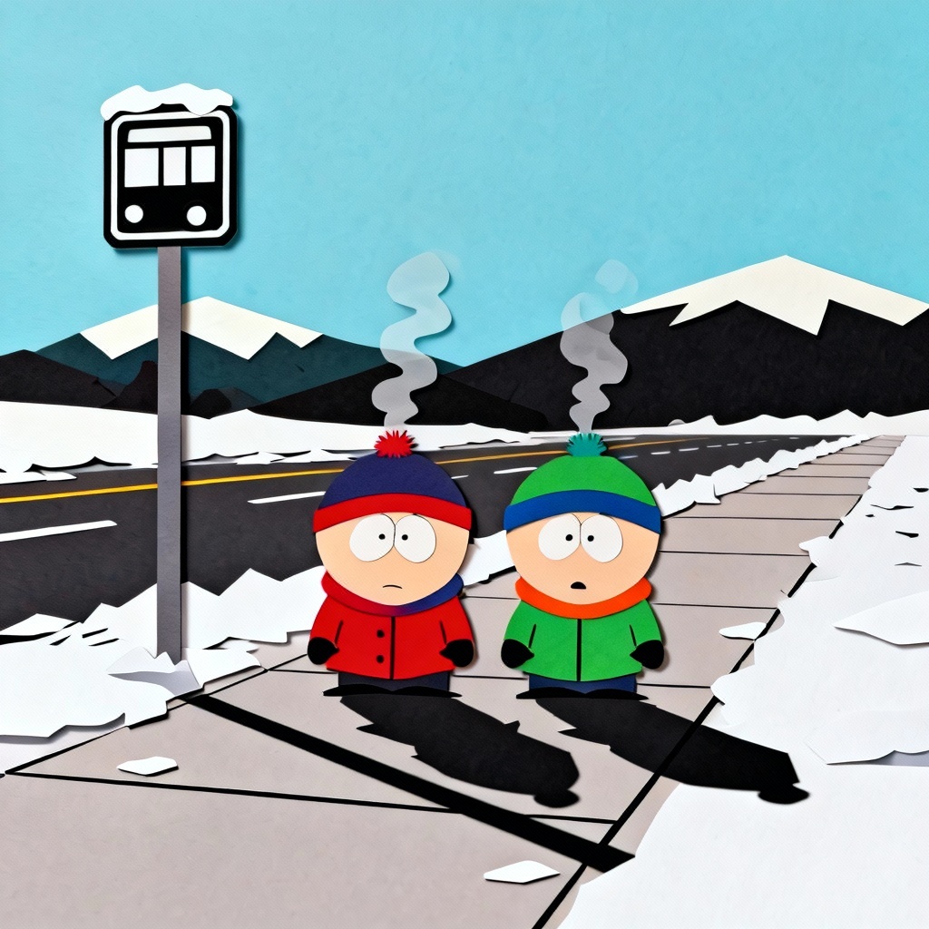 AI South Park style winter bus stop