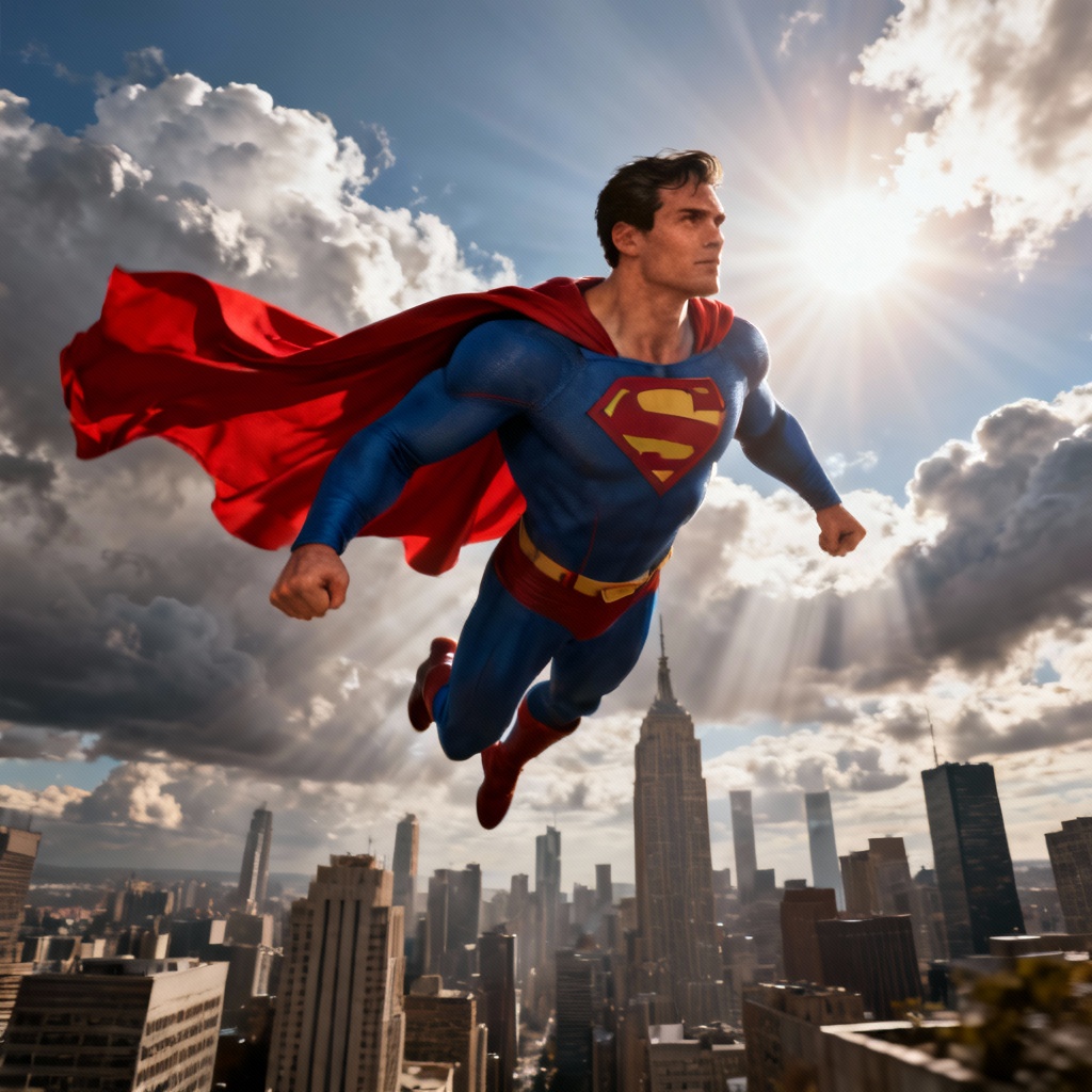 AI Superman-style hero flying over a city skyline