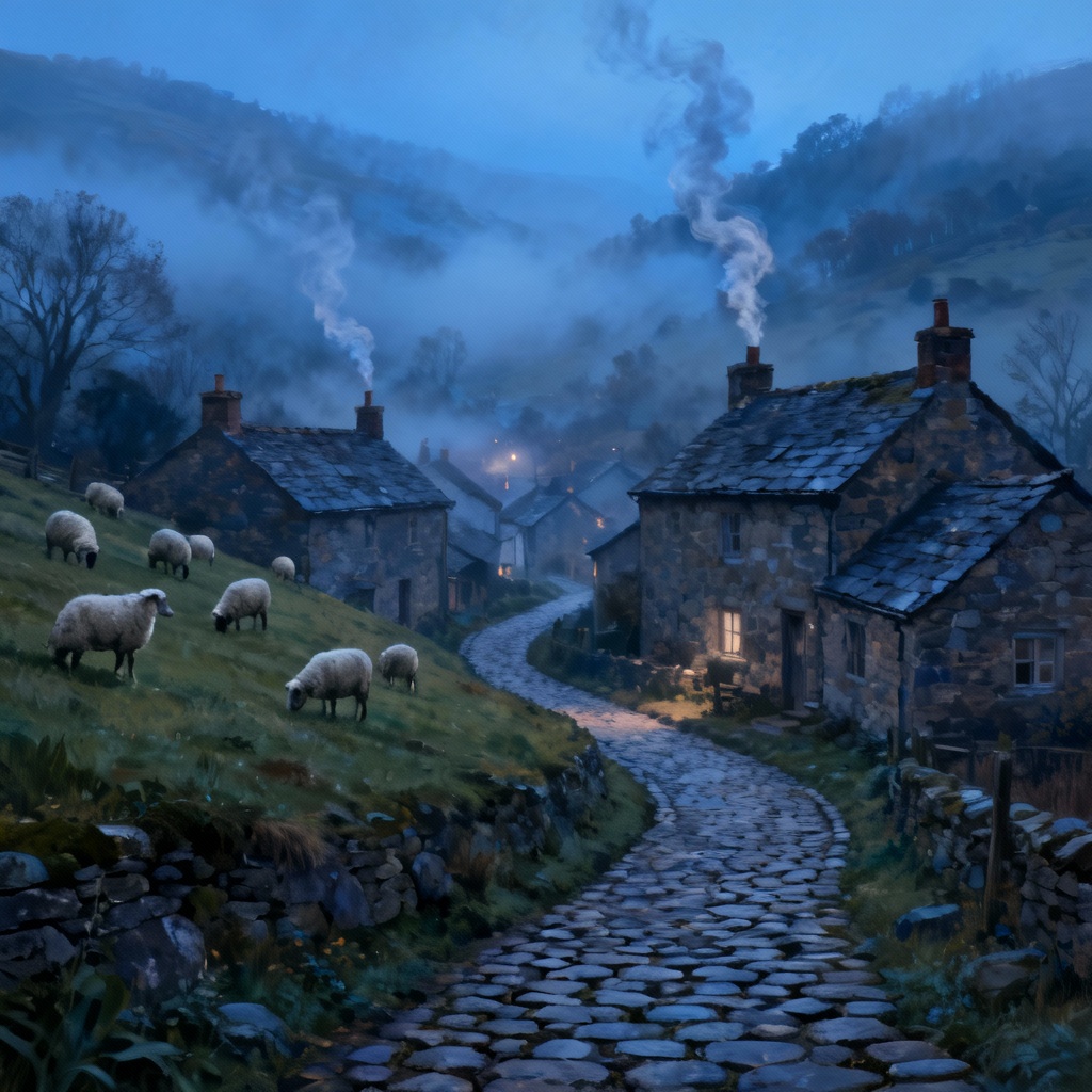 AI rustic village at misty morning blue hour