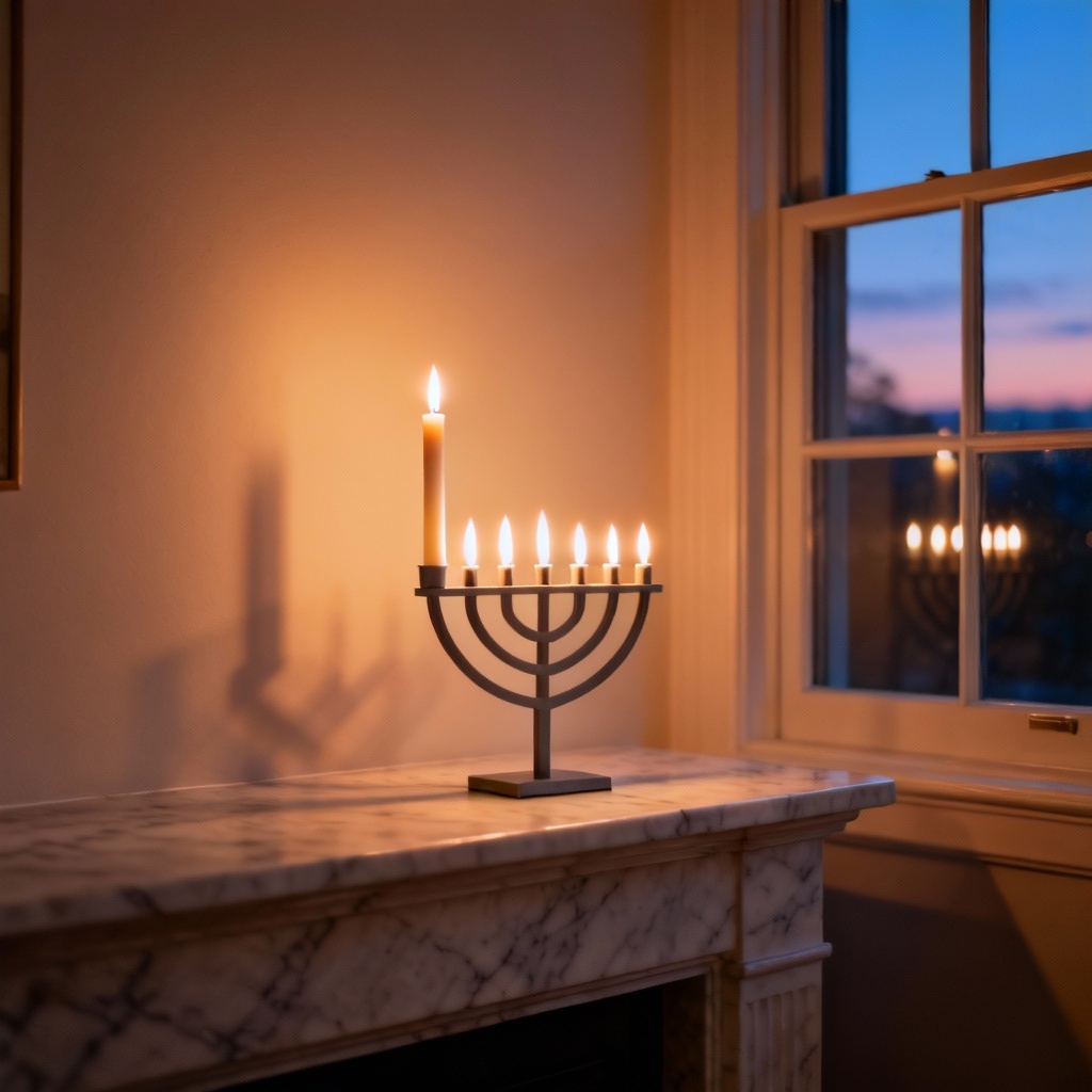 AI image of a hanukkiah with shamash and one candle lit on the first night