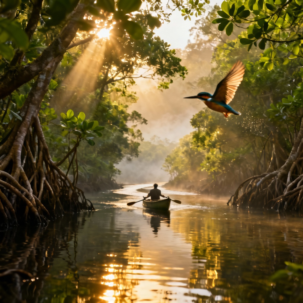 AI jungle river with canoe, mangroves, shafts of light